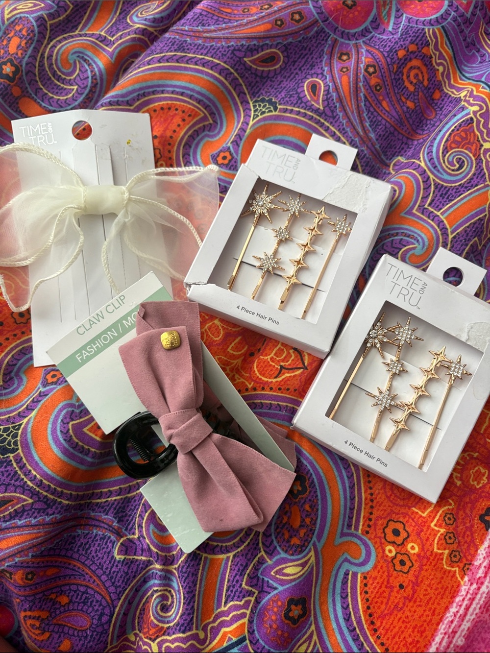 Time and Tru Gold Star Hair Pins with Pink Bow Claw Clip and Cream Bow